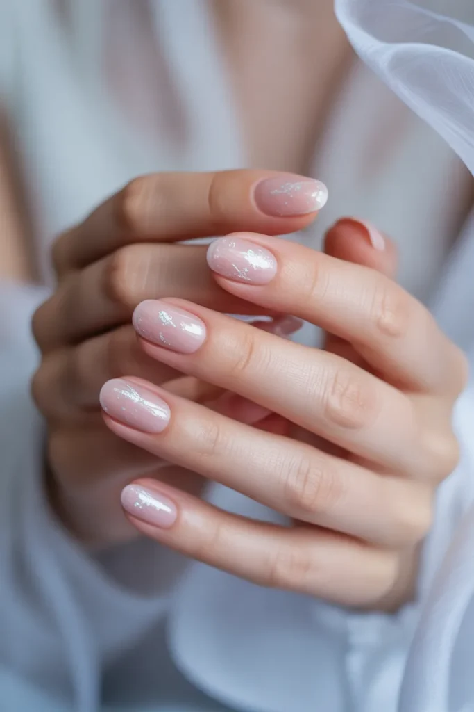 Soft pastel pink nails with fine shimmering glitter