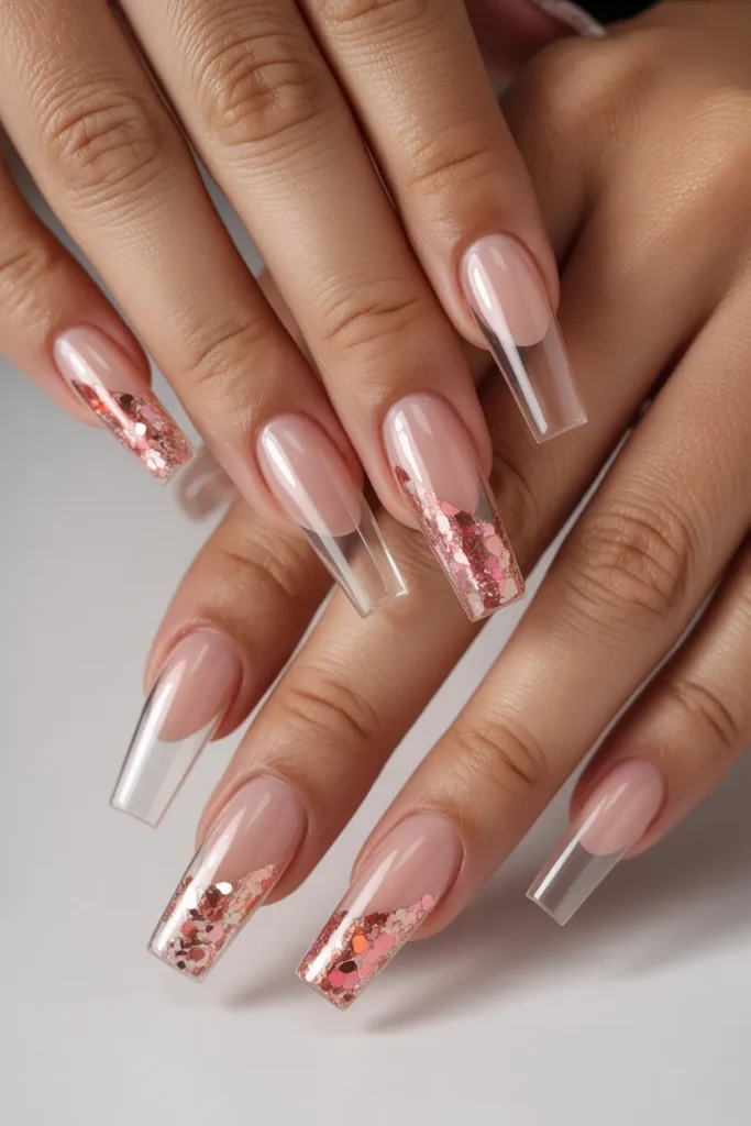 Transparent nails mixed with pink glitter sections