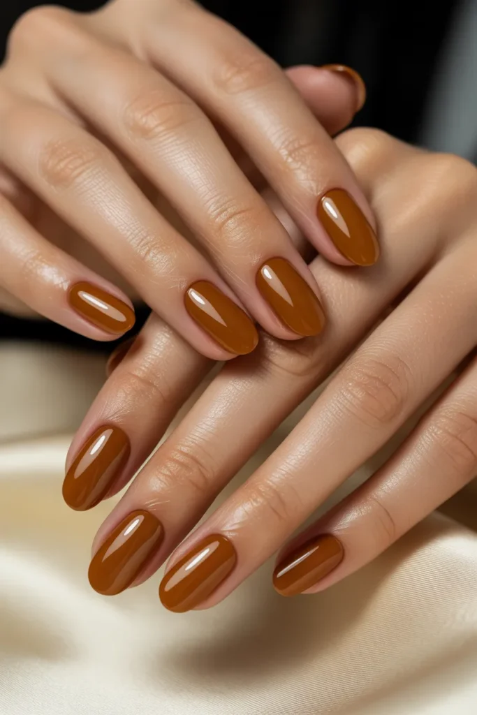 caramel nails glossy, warm brown tones