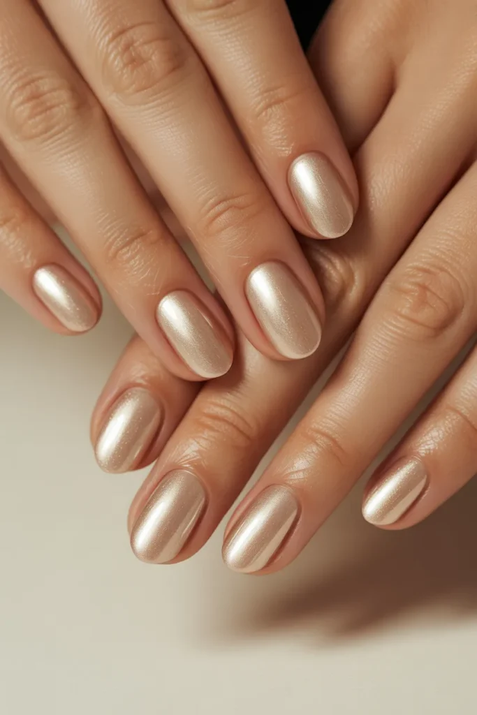champagne nails glossy, subtle shimmer