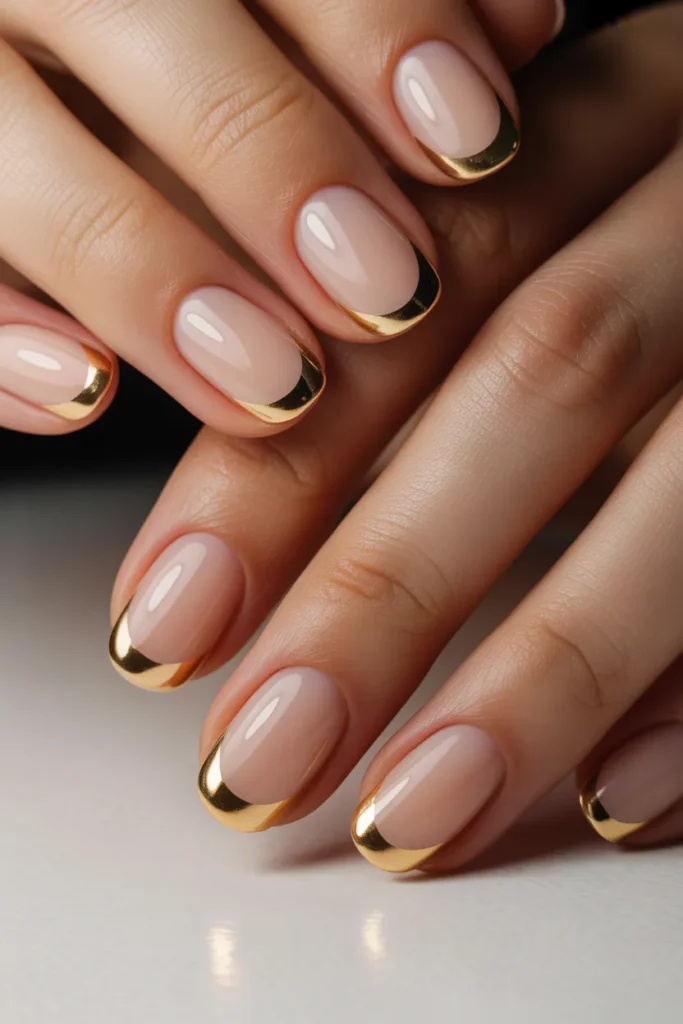 metallic french tips, thin gold tips