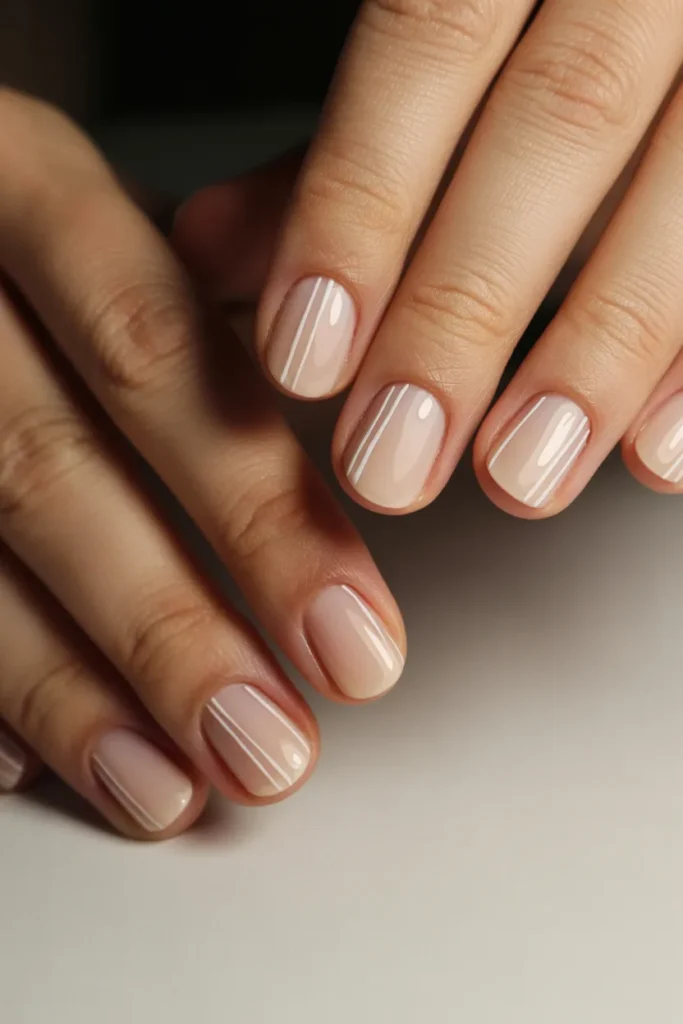 minimal line nail art, nude base, thin white lines