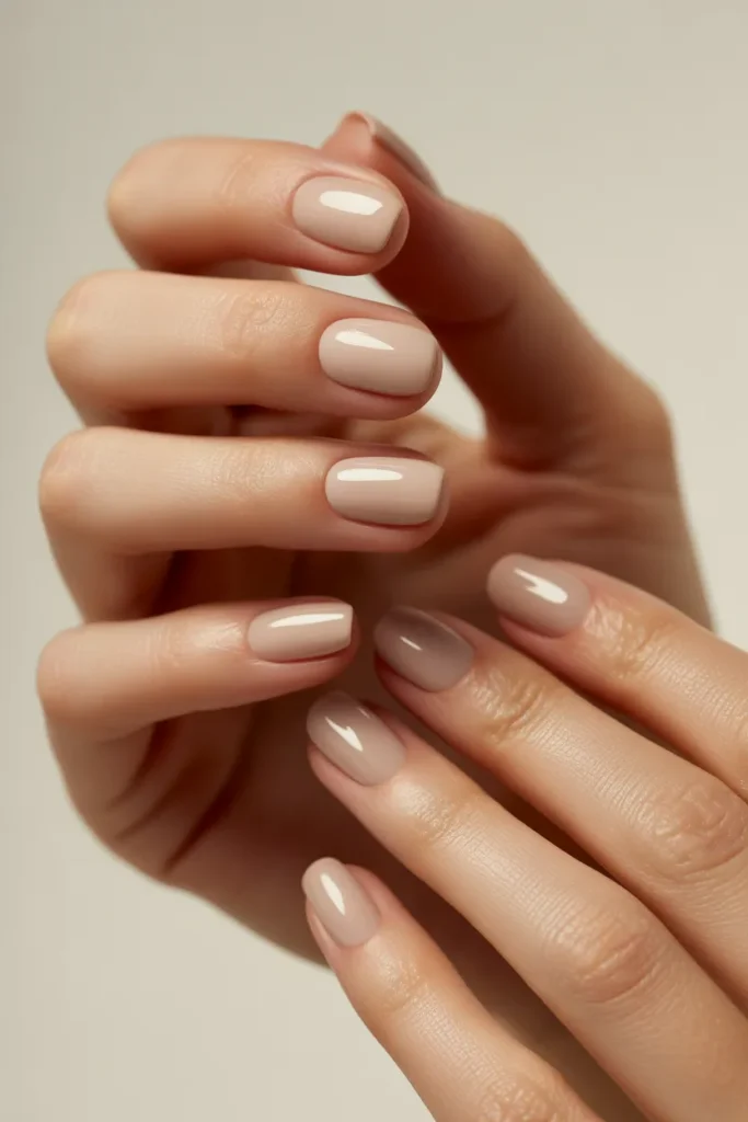 neutral nude glossy nails, minimal style, soft beige tones