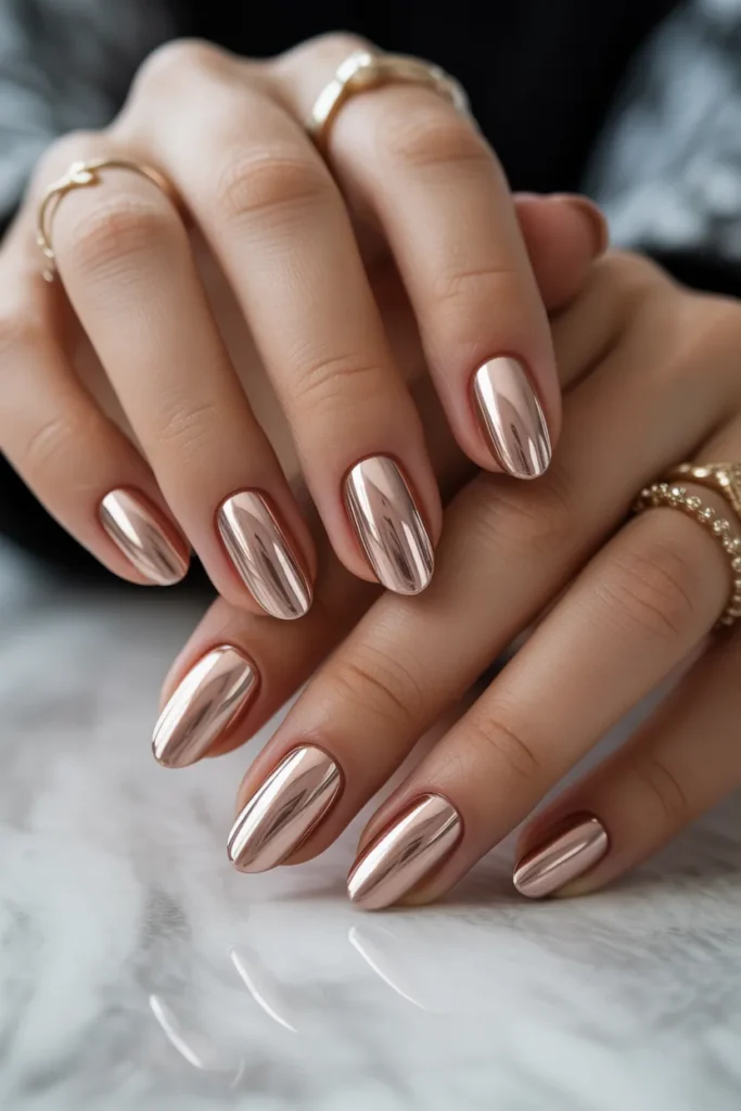 nude chrome nails, reflective finish