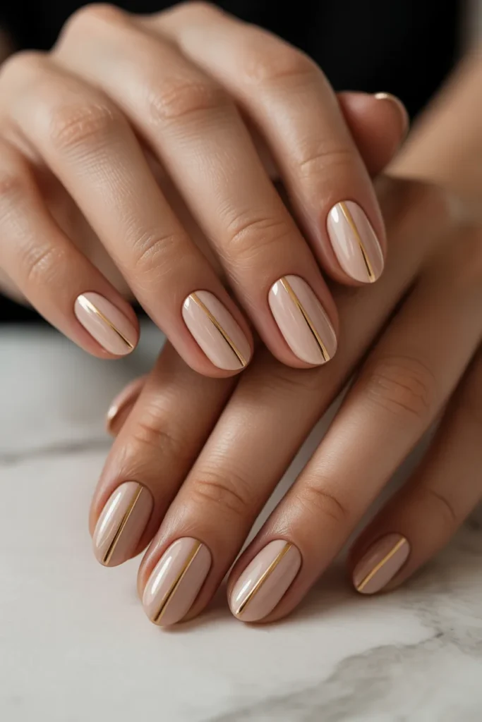 nude nails with gold accent line