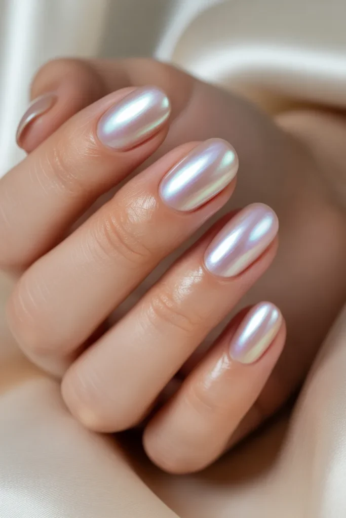 pearl nails, iridescent finish, soft glow