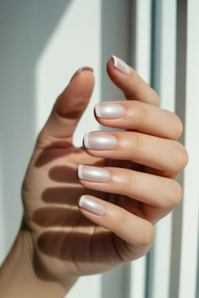 sheer milky white nails, glossy finish, natural light