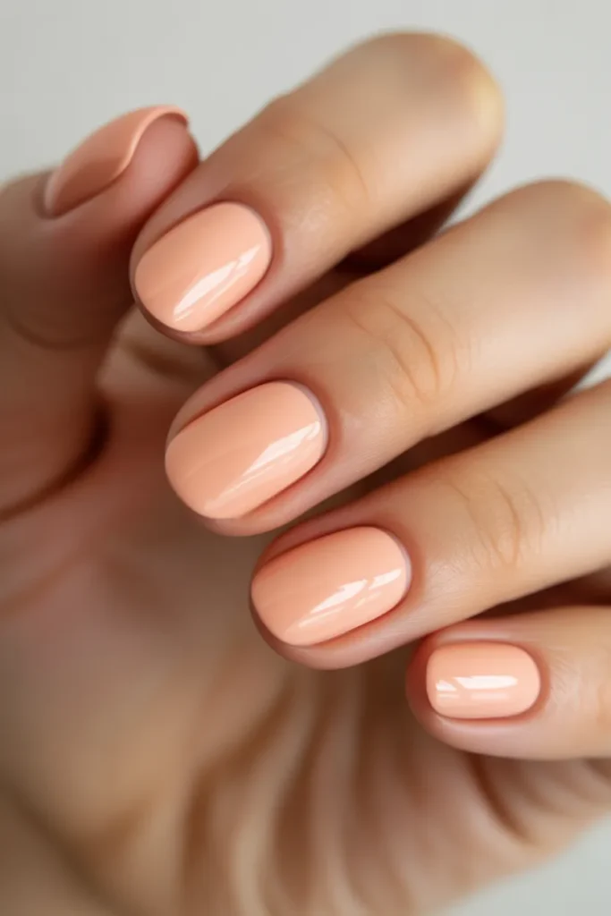 soft peach nails, glossy finish