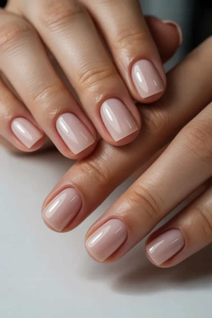 square nude nails, glossy finish