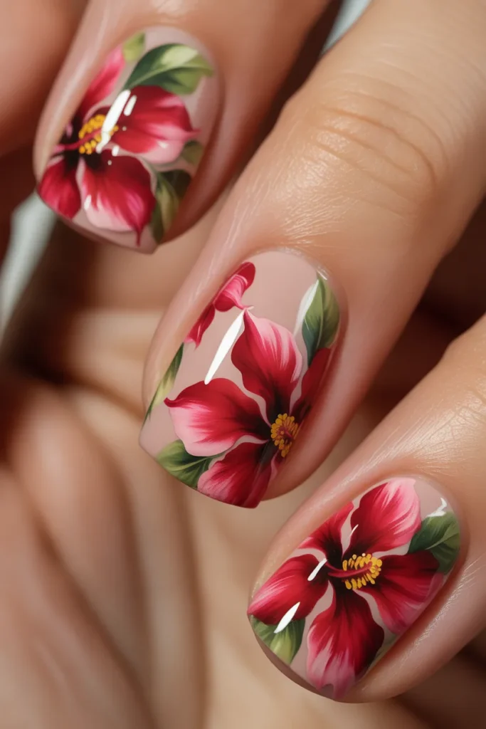 Bright red hibiscus flowers on nude base with glossy finish