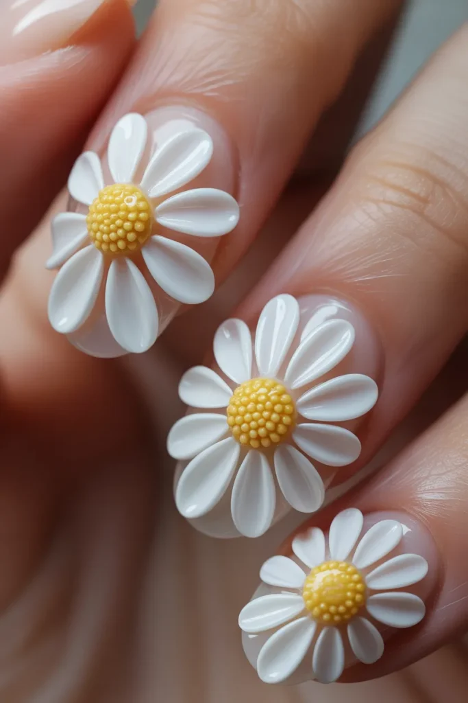 3D acrylic daisy flowers on nails with raised petals