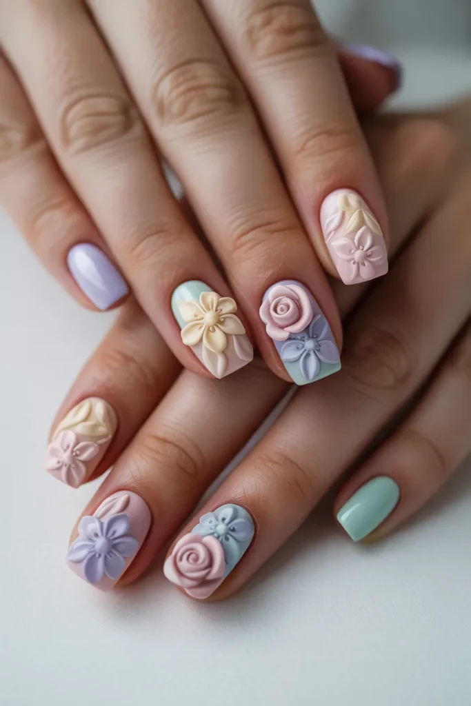 3D acrylic flowers on pastel nails