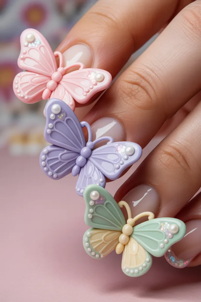 3D butterfly nail art with raised wings, pastel colors