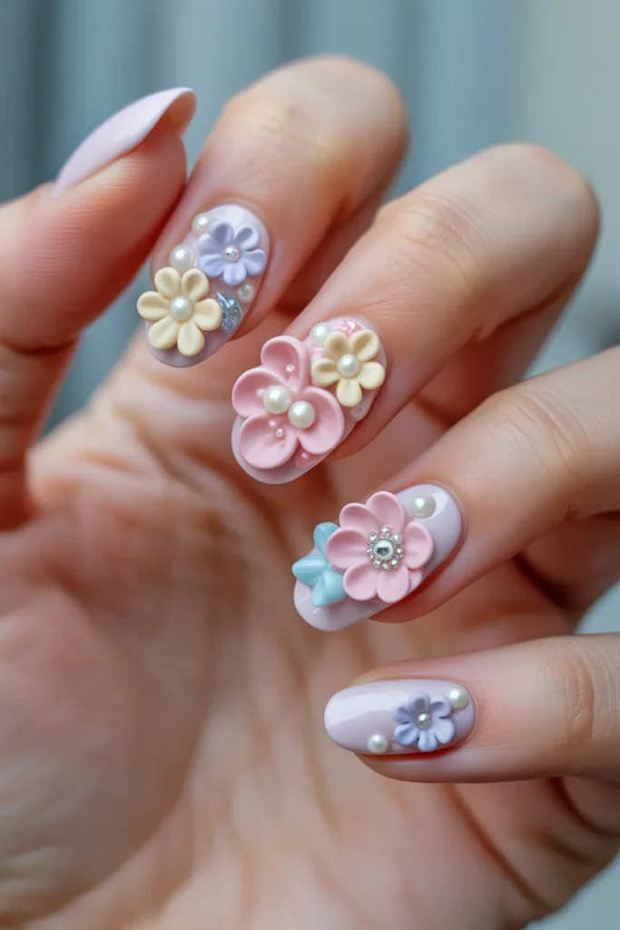 3D floral nail art with raised flowers, pearls, pastel tones