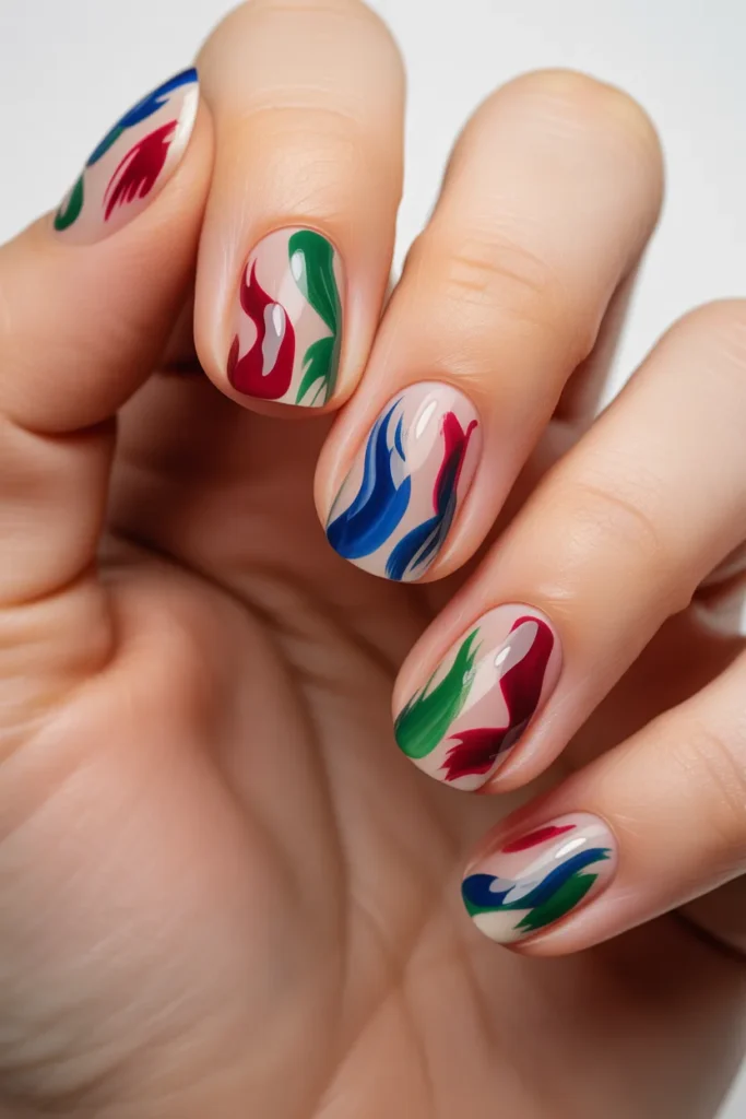 Abstract brush stroke nail art, bold colors
