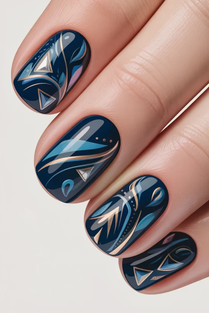 Abstract dark blue nail art