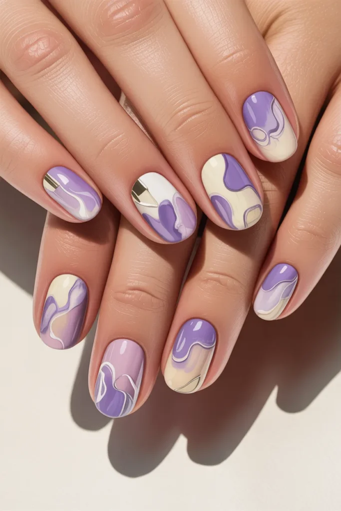 Abstract lavender and white nail art, artistic style