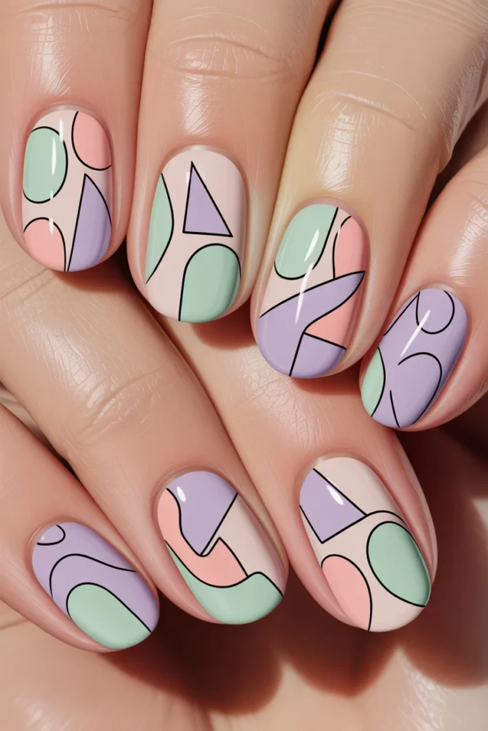 Abstract nail art with pastel shapes and lines