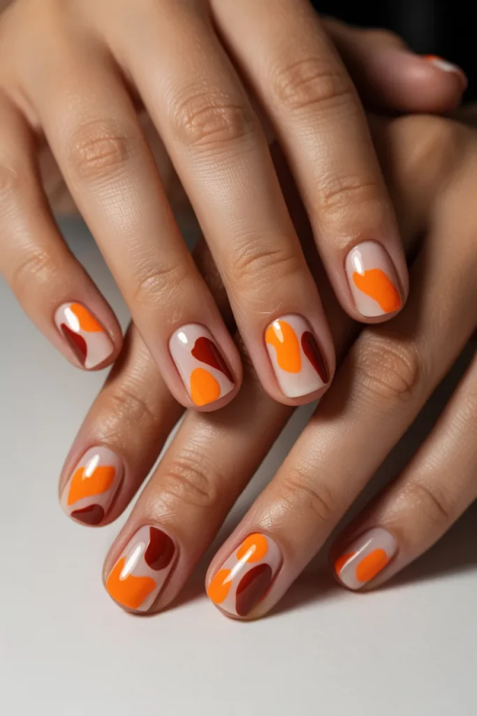Abstract orange shapes on neutral base nails