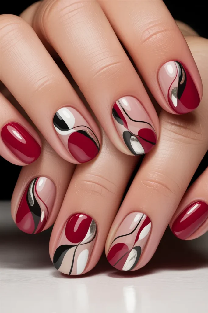 Abstract shapes in red, white, and silver nails