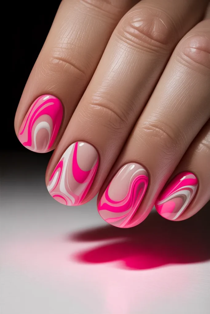 Abstract swirl patterns in neon pink and white on nails
