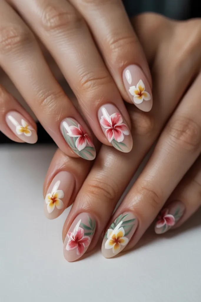 Almond nails with soft tropical flowers