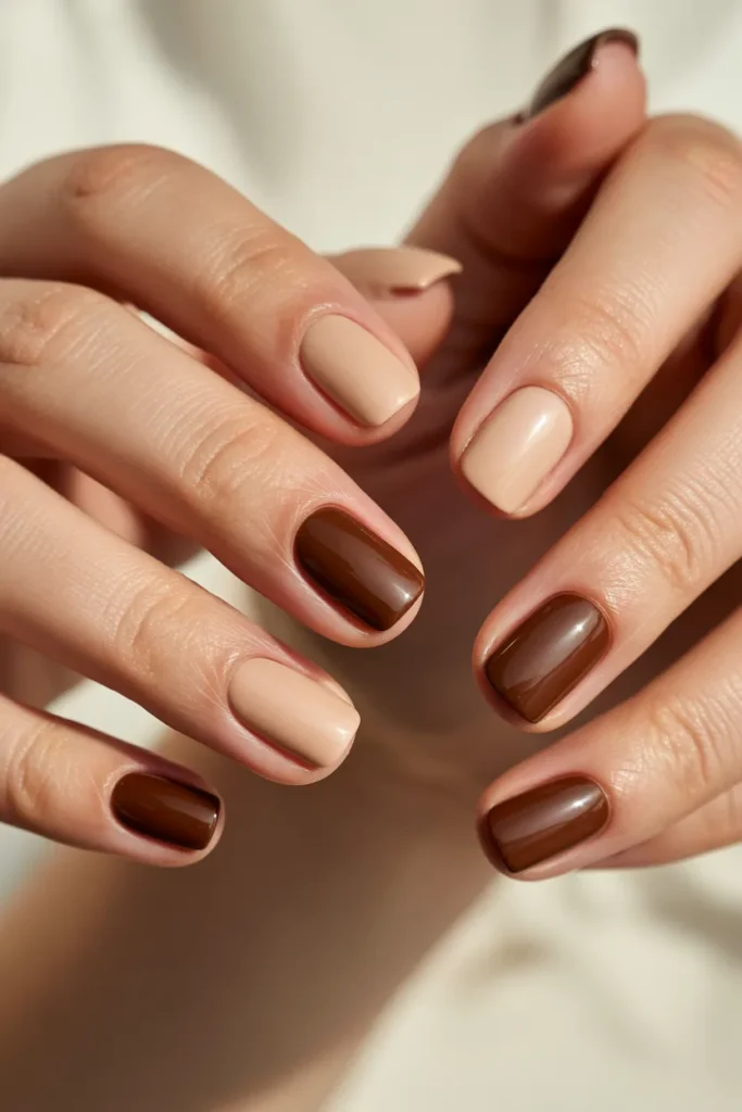 Alternating beige and chocolate brown nails