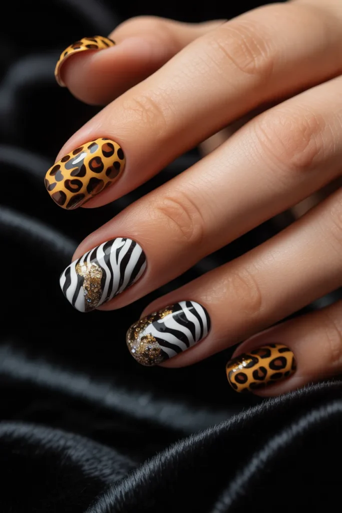 Animal print nails, glitter accents