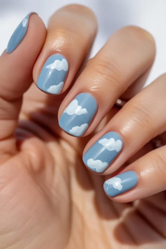 Baby blue nails with soft white cloud designs