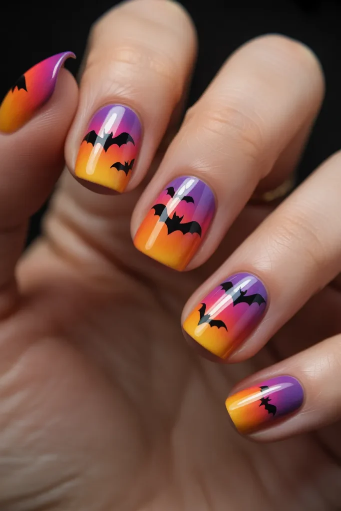 Bat nail art, sunset gradient nails, black bat silhouettes