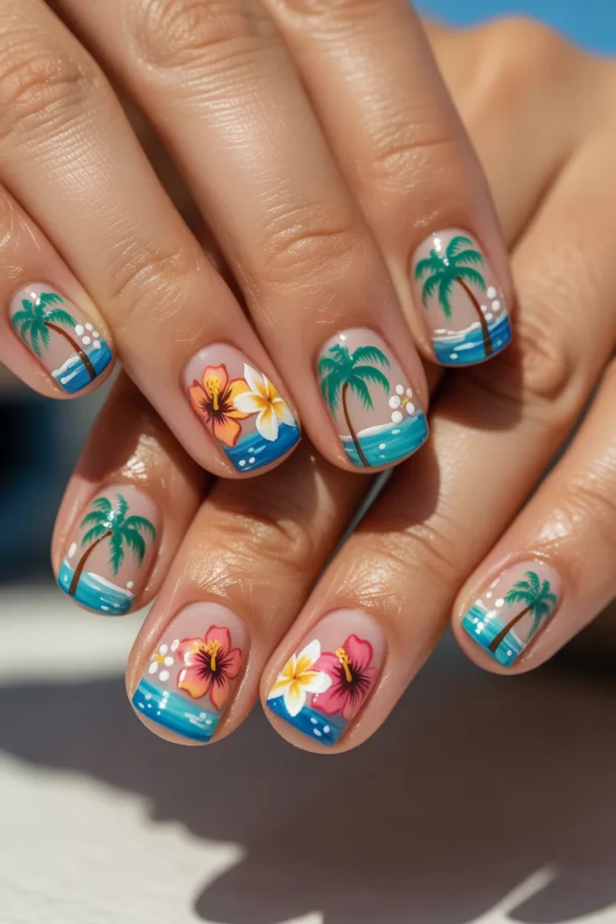 Beach theme nails with tropical flowers and palm trees