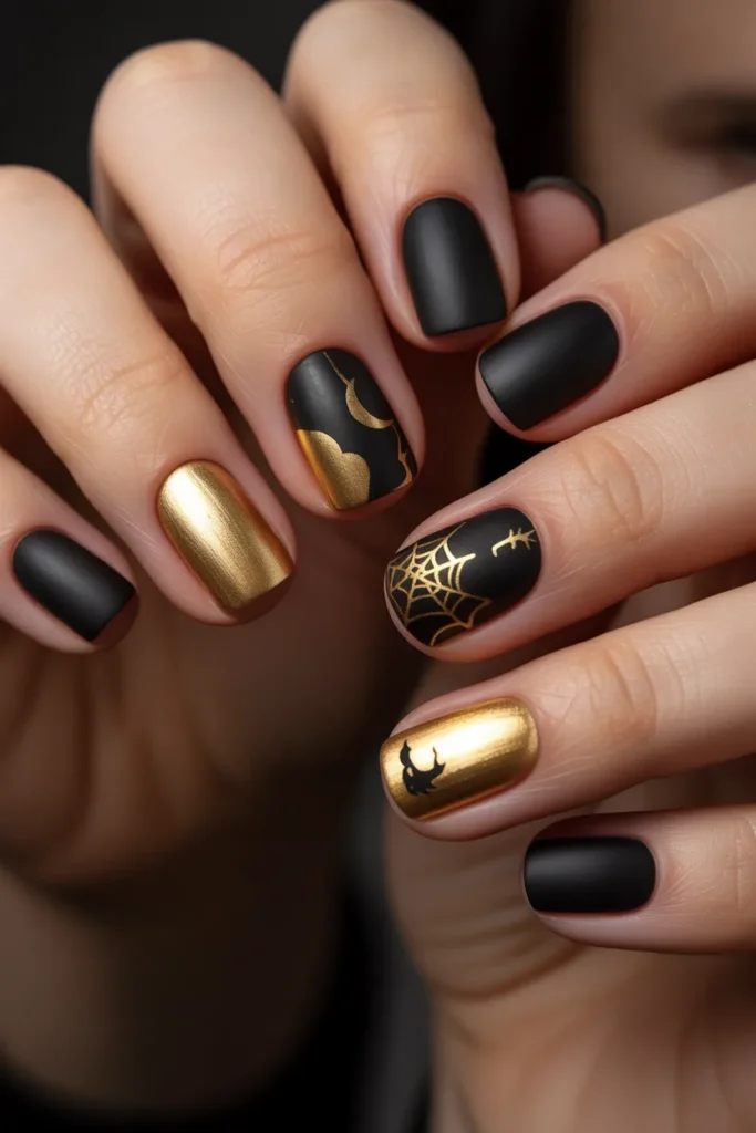 Black and gold nails, matte finish