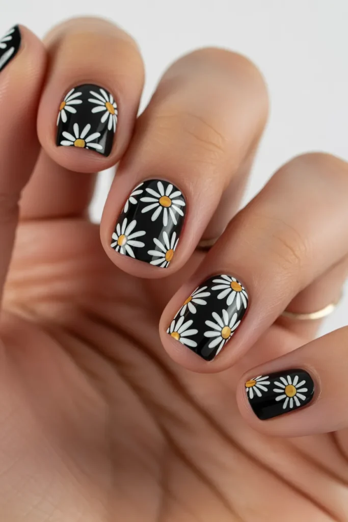 Black base nails with white daisy flowers, high contrast