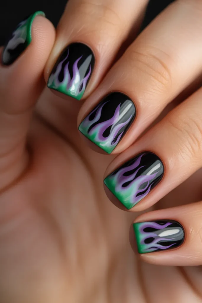 Black base with purple and green flame tips