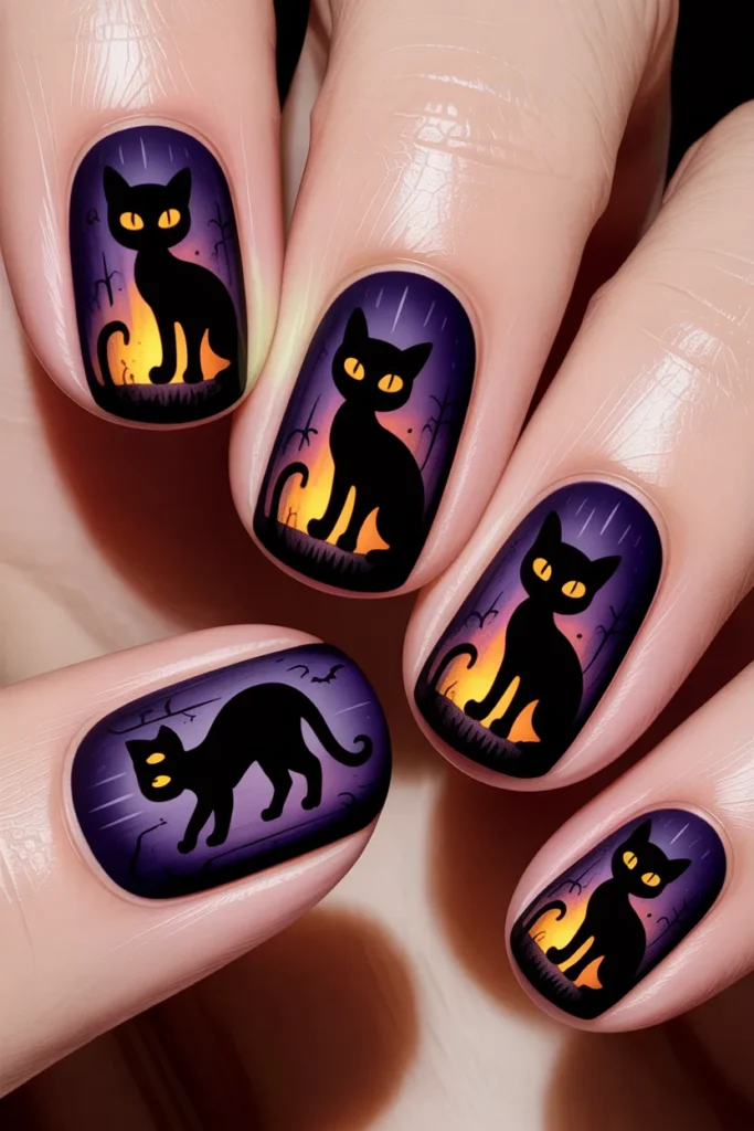 Black cat nail design, glowing eyes