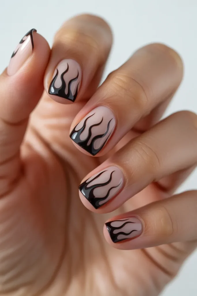  Black flame nail design, nude base