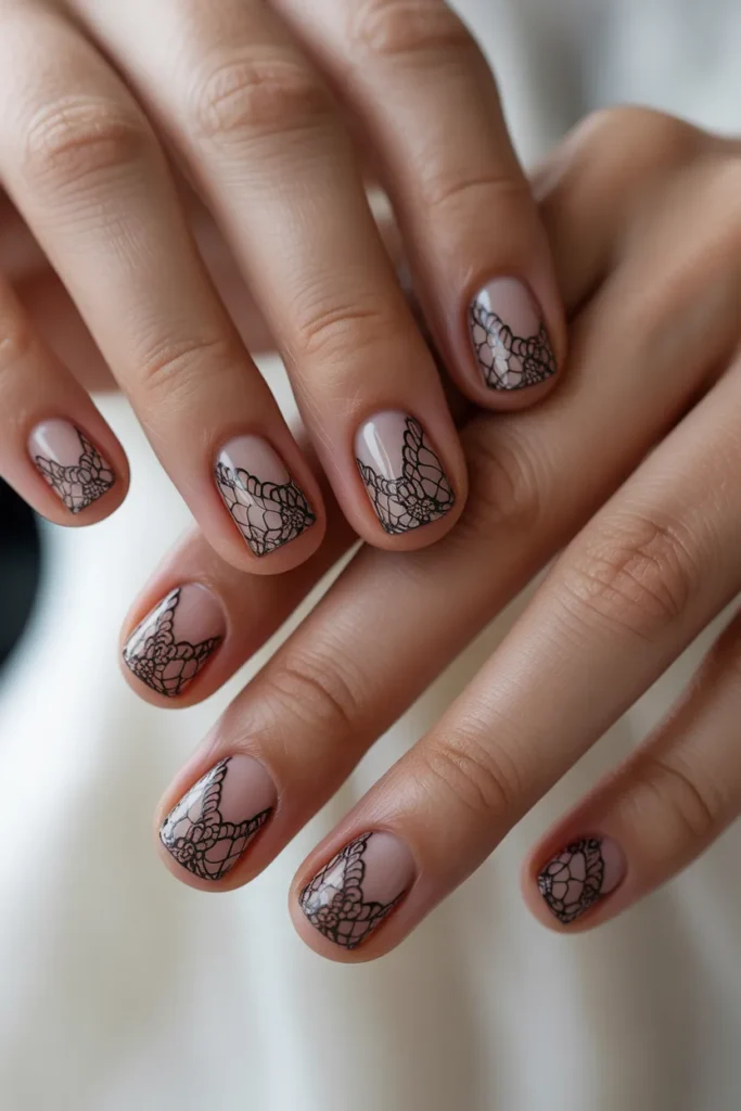 Black lace patterns over a sheer or nude base