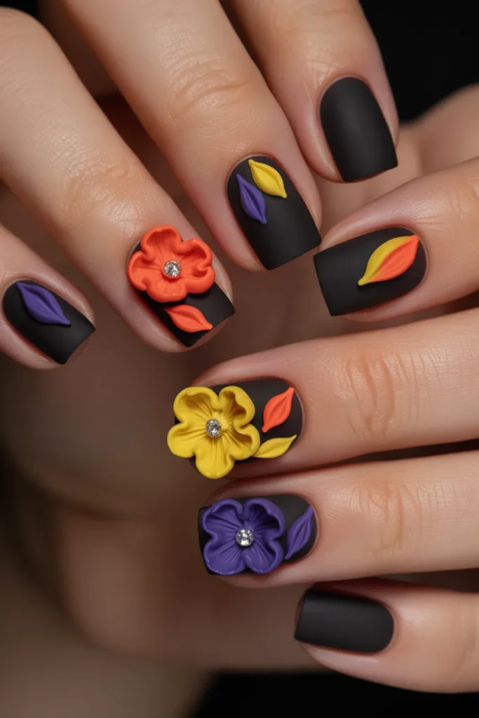 Black nails with 3D colorful flowers