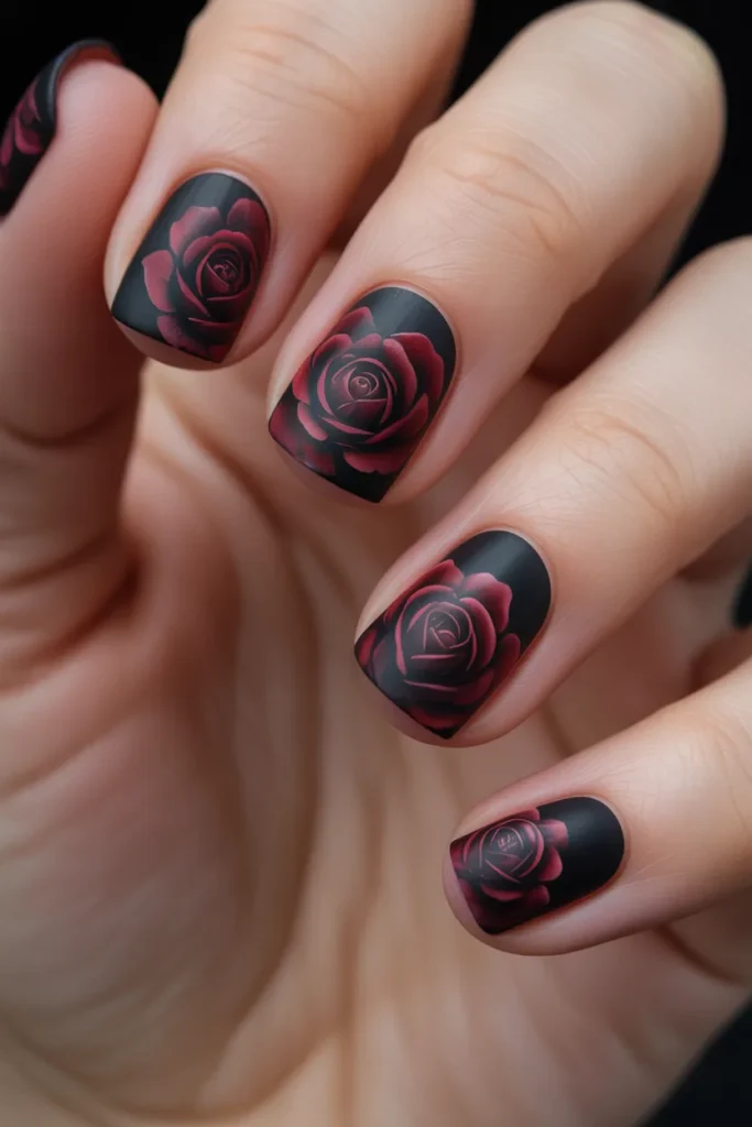 Black nails with deep red rose art