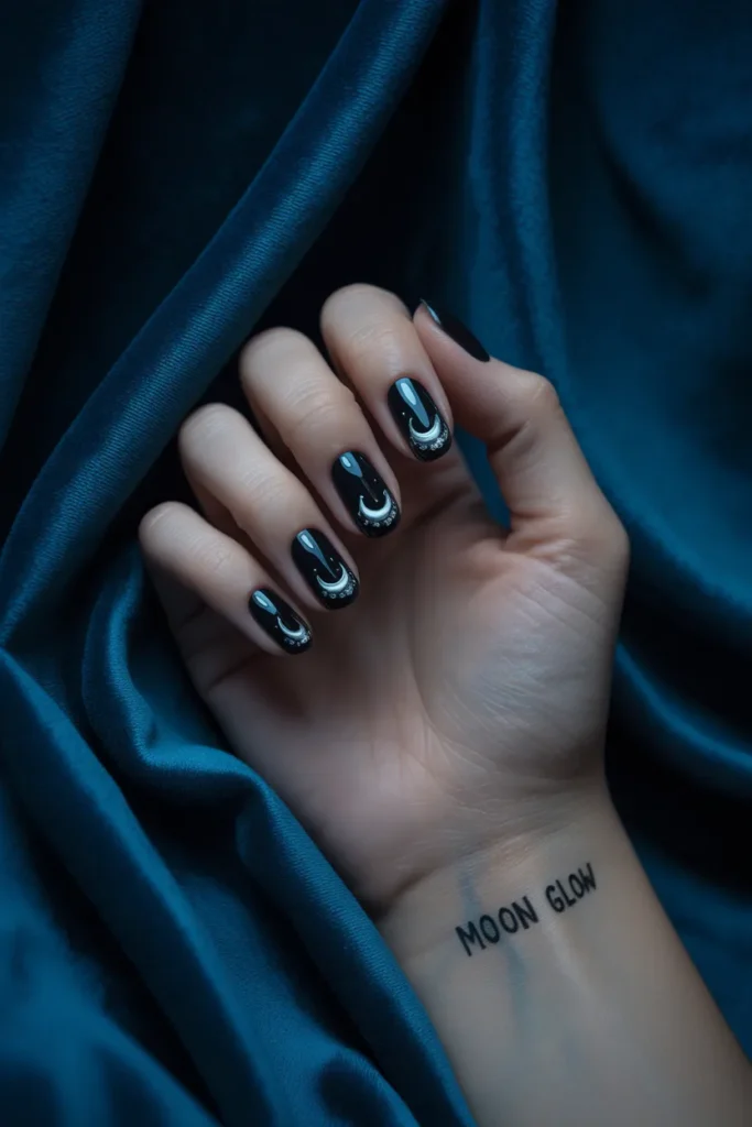 Black nails with glowing silver moon