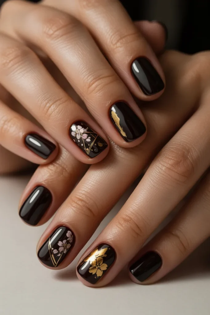 Black nails with gold accents, luxurious