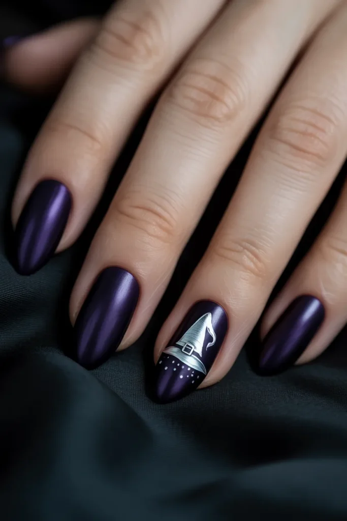 Black nails with one accent nail featuring a witch hat