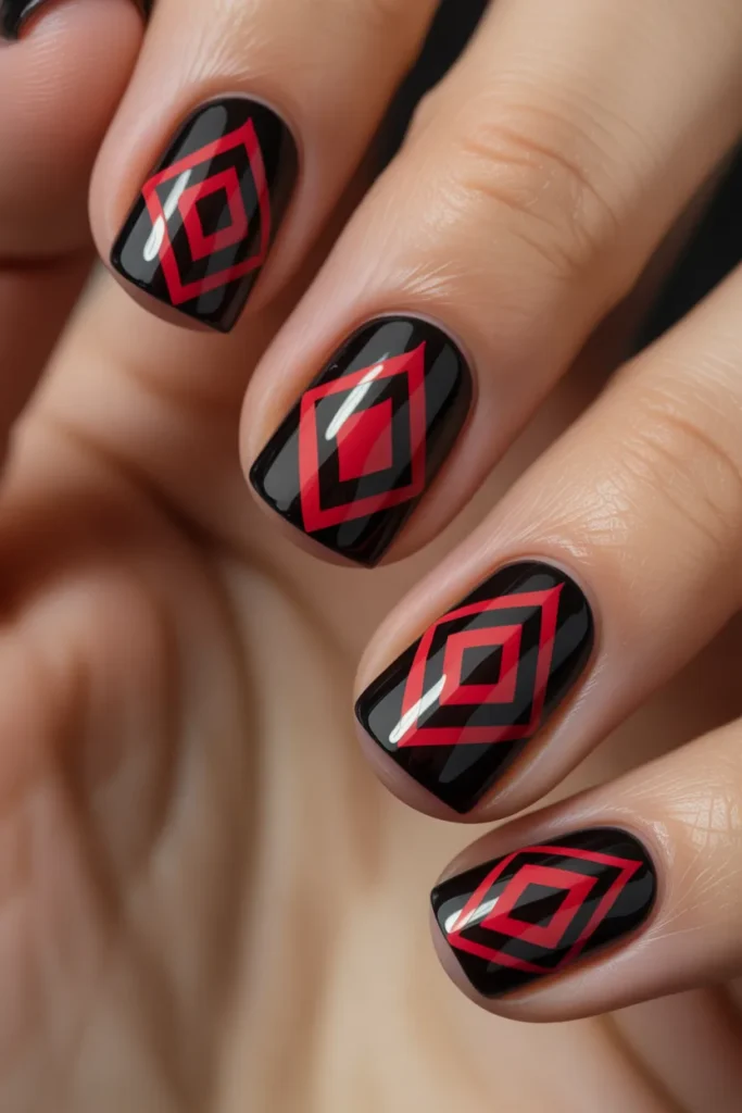 Black nails with red geometric patterns and glossy top coat