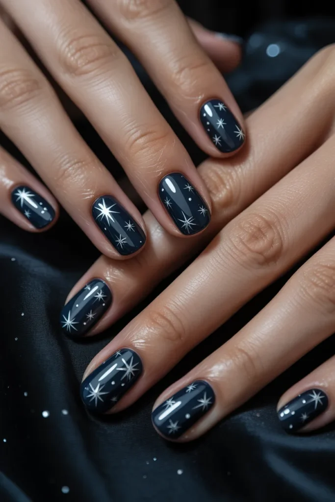 Black nails with silver star accents