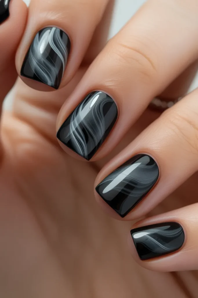 Black nails with smoky gray swirls