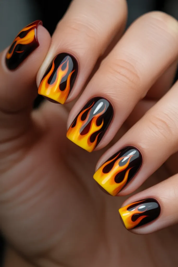Black nails with vibrant orange flame designs