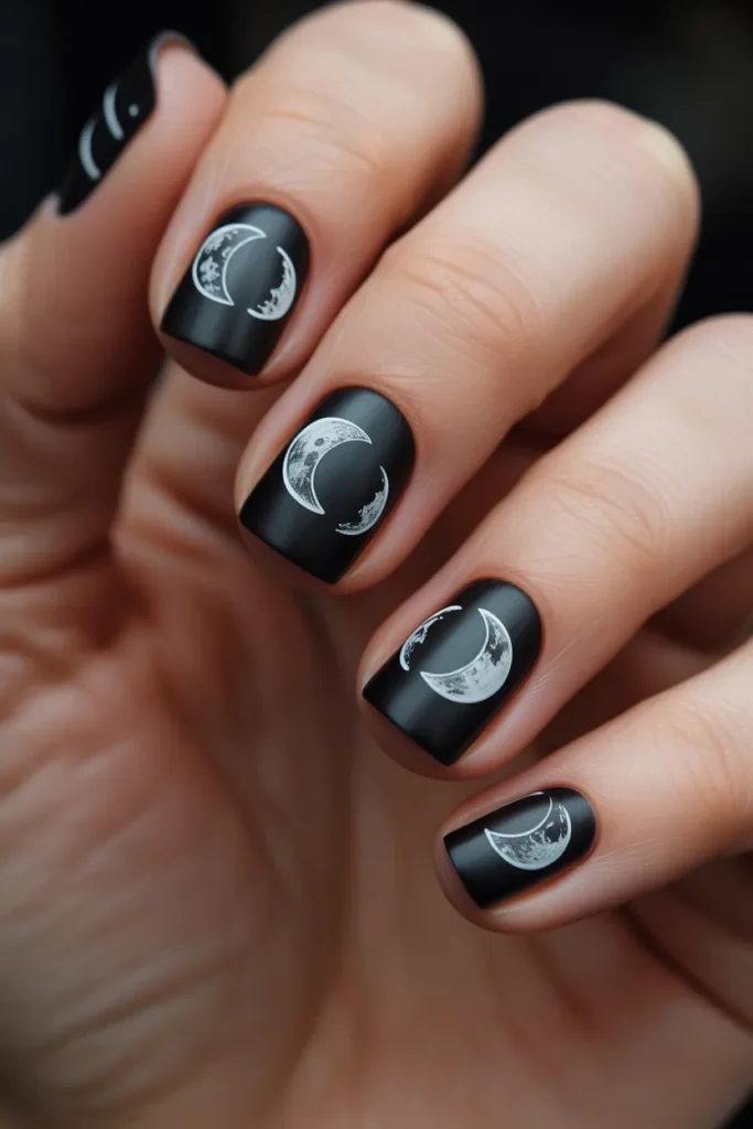 Black nails with white moon phase designs