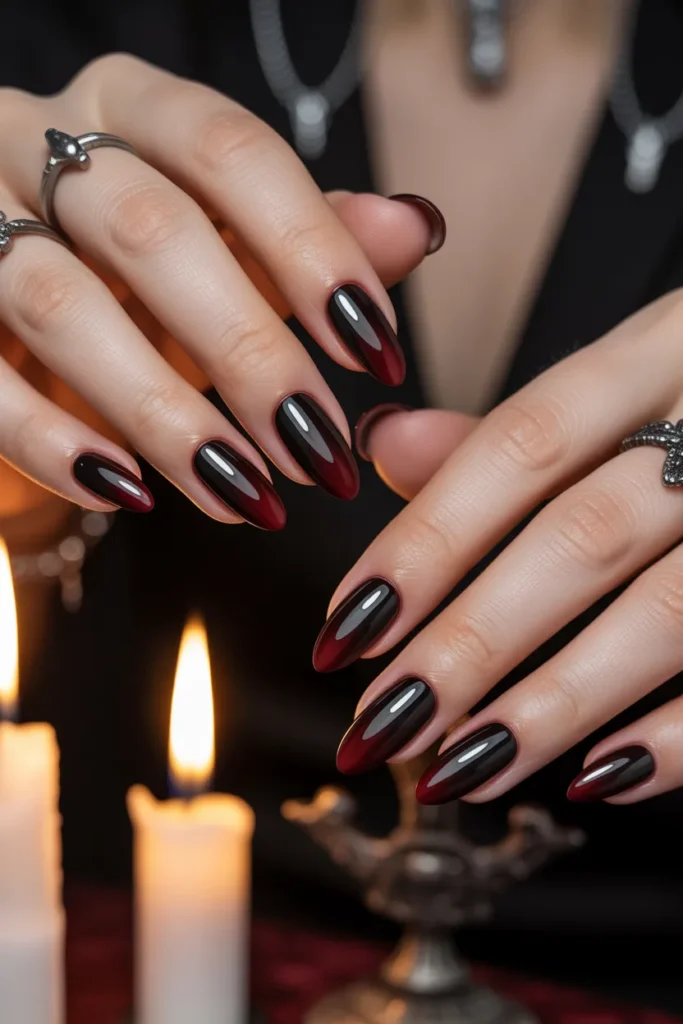 Black to red ombre nails, vampire aesthetic