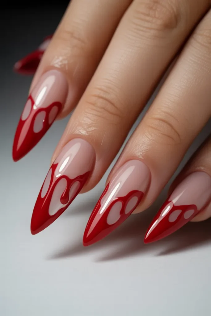 Blood drip nail art, red dripping effect on nude base