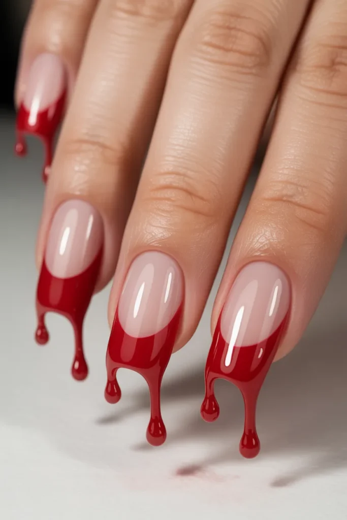 Bloody French tip nails, red drip design